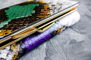 Women's wallet with a metal clasp is made of eco-friendly bright and colored leather. Close up