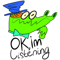 Green crocodile listening carefully. Reptile in a hat with a chin-supporting paw. Character with blue hat, red hair and blue bow tie. Crocodile listening to a boring story with sarcasm.