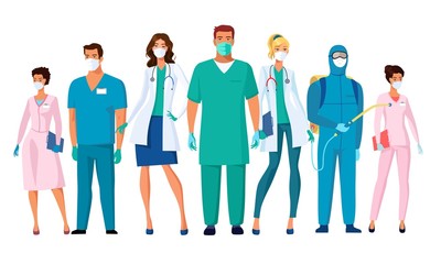 Hero hospital staff fighting the virus. Thanks to the medical team during the coronavirus epidemic.  Vector illustration.