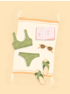 recommend clip art: Set of beach essentials: swimsuit, slippers, sunglasses, book lying on the towel on sand. Summer vacation, holiday on the beach, relaxing by the sea. Summer elements vector clip art in pastel colors. 
