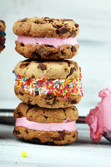 ice cream sandwiches with strawberry and chocolate. Chocolate Chip Cookie Ice Cream Sandwich