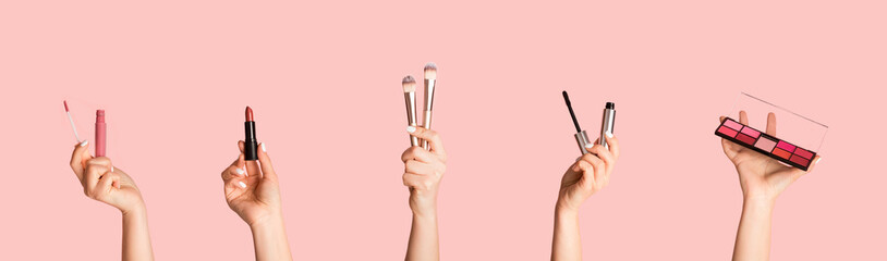 Collage with beautician hands showing various makeup products on color background, panorama