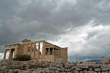 Temple Erechtheion with the famous porch of the caryatids instead of columns in the Acropolis