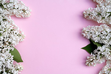 Natural white lilac flower frame with dusty pink color background with copy space for text 