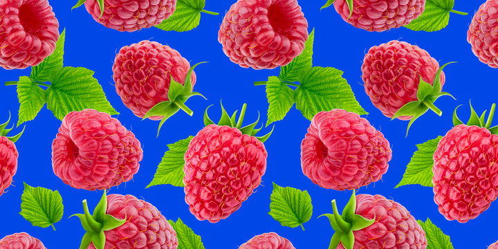 Raspberry seamless pattern isolated on blue background