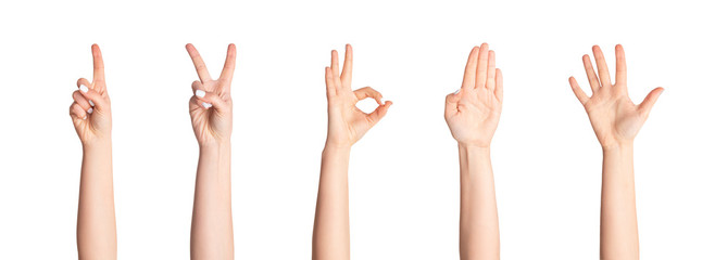 Collage with unrecognizable woman showing various gestures isolated on white, close up. Panorama