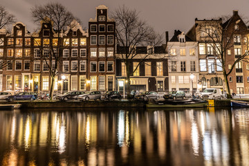 Night lights of building and channels in Amsterdan