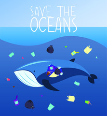 Safe the ocean. Plastic garbage in the water, animals are killed by humans. Vector illustration. 
