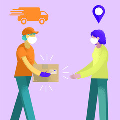 The courier with mask and gloves delivers the parcel to the customer. Safe delivery. Cartoon vector illustration. 