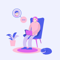 A person sits in a chair and works at home with a laptop. People chatting online. A simple vector illustration.