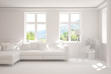 White minimalist living room with sofa. Scandinavian interior design. 3D illustration
