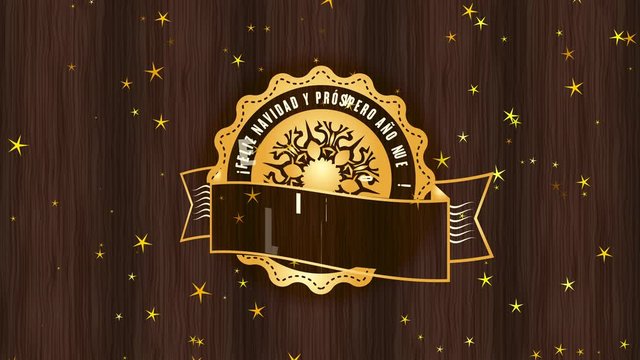 spanish merry christmas and joyful new year feliz navidad y prospero ano nuevo design on a golden detailed over waxed wooden floor