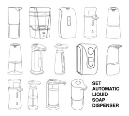 Set modern automatic liquid soap dispenser touch. Product home hygiene prevention, protection from viruses bacteria. Vector template isolated flat doodle realistic black outline white background icon.