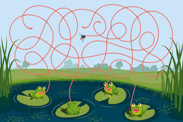 Four frogs tried to catch a mosquito. Guess which of them managed to catch the insect. Children's game picture riddle with a maze