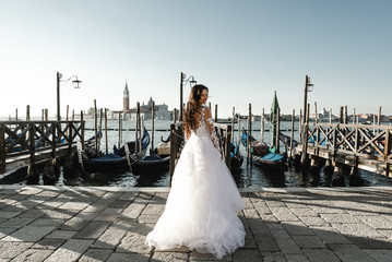 Obraz premium beautiful bride dressed in a wedding dress and stands near the pier,fashionable wedding dress,smiling bride in dress,