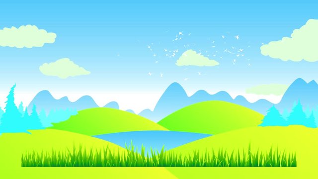 scenic view illustration design with green hills under a clean blue sky with conifer woods and big shadows of mountains in the horizon and a layer of grass in front with mini ornament
