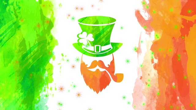 st patricks day design with irish leprechaun wearing long hat covering his eyes smoking a pipe between orange mustache and beard over a watercolor flag background