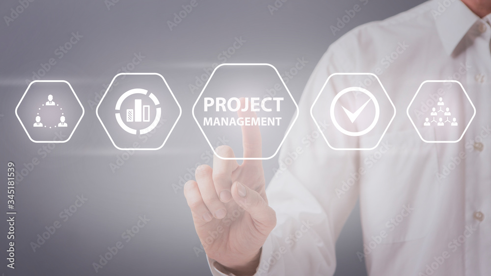 Poster Man choosing project management button on virtual screen