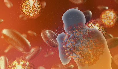 Sneezing man with virus around. COVID-19 Corona background with disease cells and  Contaminated blood cell . 