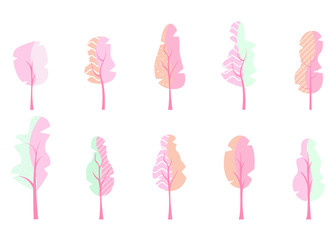 Vector illustration of trees pastel color, and added a pattern, flat design style, bundle for winter, summer, spring, autumn.