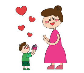 Mom and her baby on a white background. Present. Vector illustration.