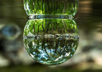 Fresh clear river water in the forest in a crystal sphere.