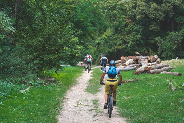 Obraz premium a group of sports cyclists ride a mountain bike through the forest