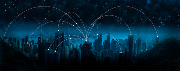 Future communication network connection solutions technology, wireless, Global internet and satellite connection concept.
