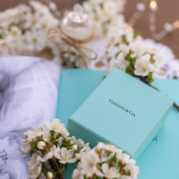 Minsk, Belarus. April, 2020. The fashion jewelery of Tiffany. Gift box. Concept.  For woman. A gift to the holiday. Wedding. Birthday. Mothers day. 
