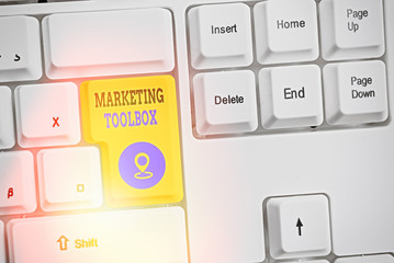 Text sign showing Marketing Toolbox. Business photo text Means in promoting a product or services Automation