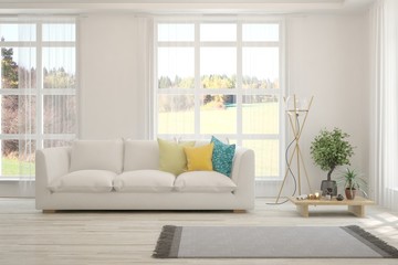 White living room with sofa. Scandinavian interior design. 3D illustration