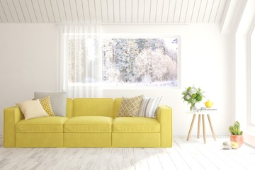 White living room with sofa and winter landscape in window. Scandinavian interior design. 3D illustration