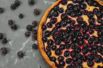 Blueberry cheesecake, tart with blueberries and black currants, dessert on a gray background