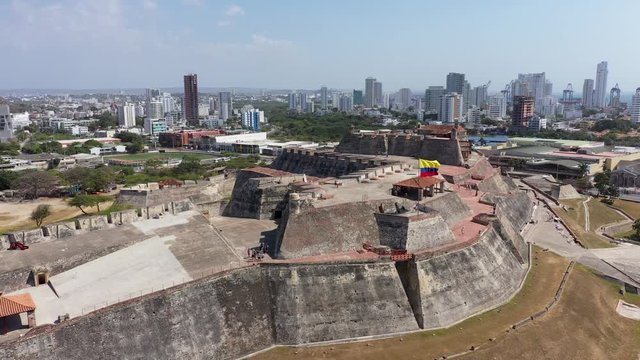Aerial view of the Historic castle of San Felipe De Barajas on a hill overlooking the Spanish colonial city of Cartagena de Indias on the coast of Colombia