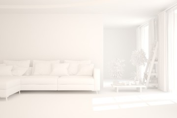 White living room with sofa. Scandinavian interior design. 3D illustration