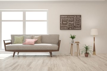 White living room with sofa. Scandinavian interior design. 3D illustration