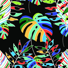 Modern abstract seamless pattern with creative colorful tropical leaves for design. Retro bright summer background. Jungle foliage illustration. Swimwear botanical design. Vintage exotic print. Vector