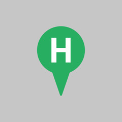 Map pointer with hospital icon on grey background.