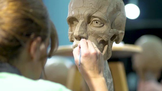 Sculptor at work. The process of creation an ecorche, a sculpture of a human head with the skin removed to display the musculature and bones.