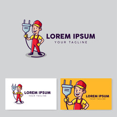 Electric man retro style mascot cartoon logo, vector illustration, business card template