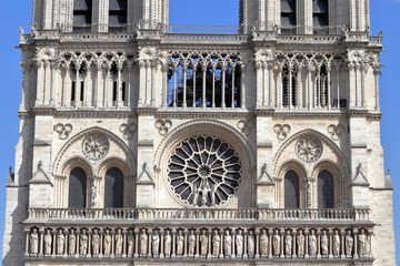 Front part of cathedral Notre Dame de Paris in 2019