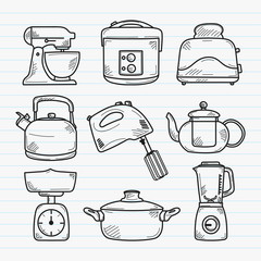 Kitchen utensils handdrawn doodle vector illustration.