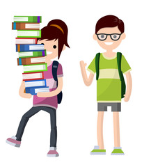 Young students with book and backpack. Boy and girl at school. Funny Couple. Woman carries heap of books. Education and studies