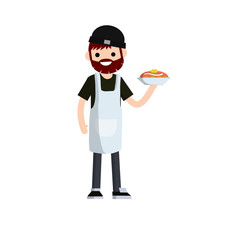 Chef in white apron and cap with plate of food. Work in cafes and restaurant. Kind of profession. The man cooked meal on dish. Cartoon flat illustration