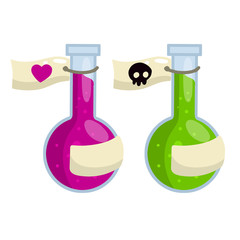Flask of green poison. Liquid bottle. Medical preparation. Glass object and toxin. Cartoon flat illustration. Alchemical item