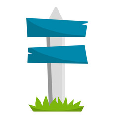 Path pointer with Blue plate. Route information Index. Cartoon flat illustration. Green grass. Direction way. Turn right. Element of road