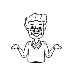 Old Man with Spread hands. Smiling senior in shirt. Doubt and timidity. Hand drawn sketch cartoon. Uncertainty and shrugging. Funny illustration