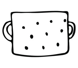 Linear casserole in hand drawing style. Bowl for cooking decorated in crusts. vector dishes on a white background. A graphic element of kitchen appliances for icons, logos and restaurant menus.