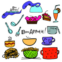 Vector set with food elements. Pots, cups, and spoons on a white background. The lettering of the words 