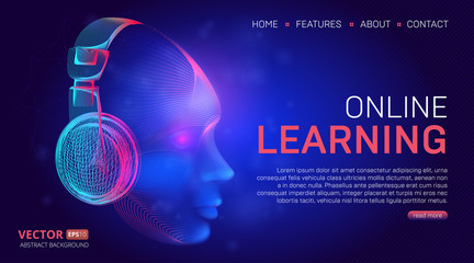 Online learning education landing page or website banner template design. Vector illustration in technology line art style with abstract cyber head or face in purple headphones on dark blue background